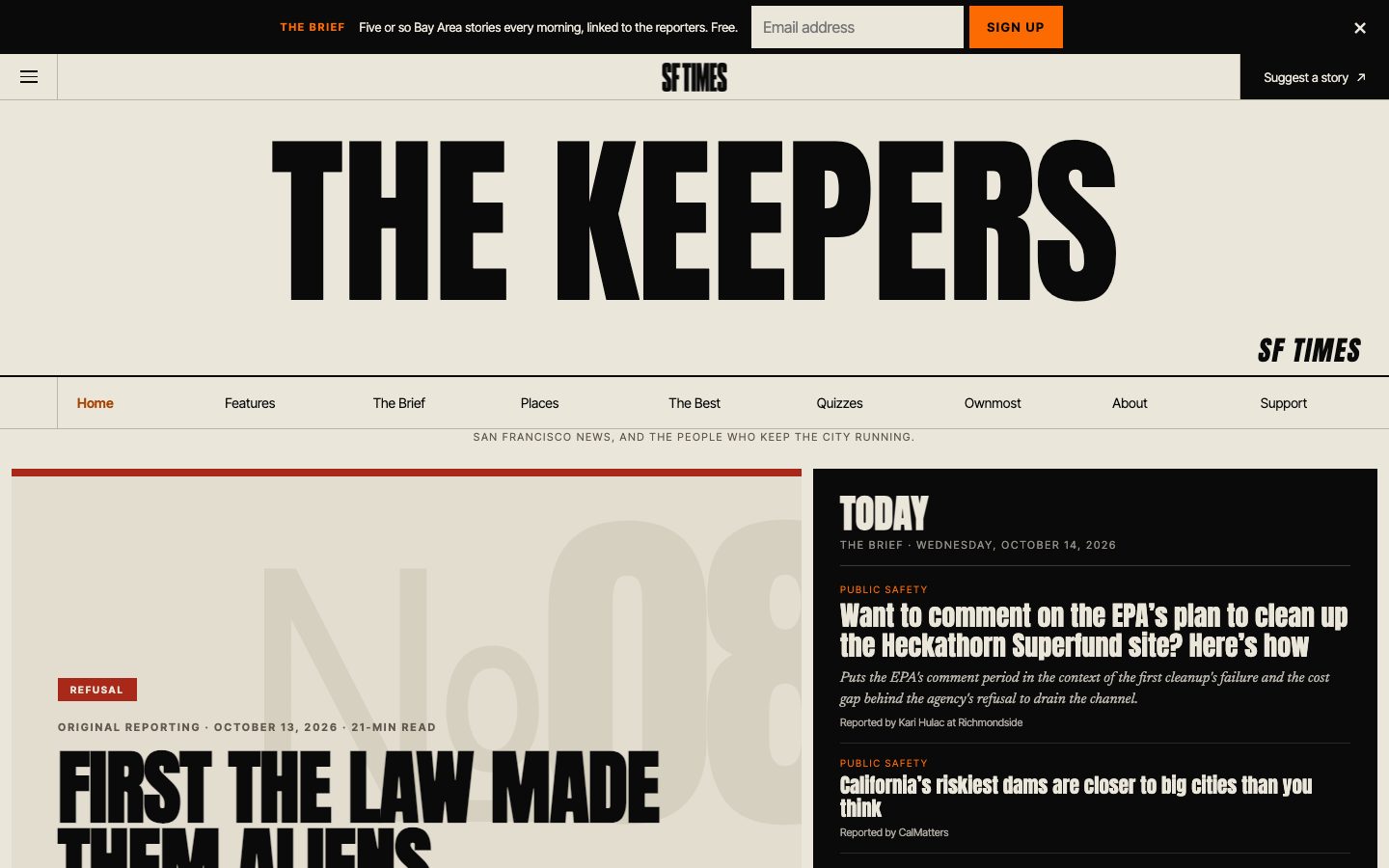 San Francisco Times homepage: the SF Times masthead, the large headline The Keepers, section navigation and the day's stories.
